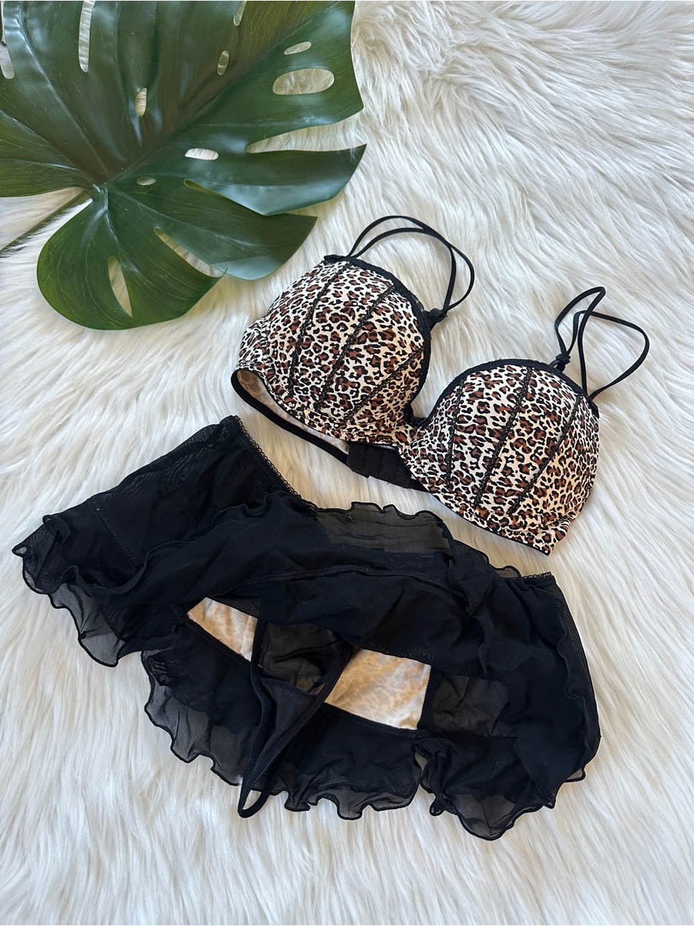Leopard Print Push-Up Bikini Top with Black Ruffle Skirt